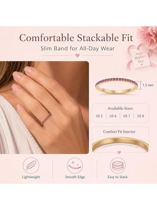 April Birthstone Stacking Ring | Stainless Steel, Cubic  04-Silver-April Stackable Cubic Zirconia Stainless Steel Birth Stone Ring